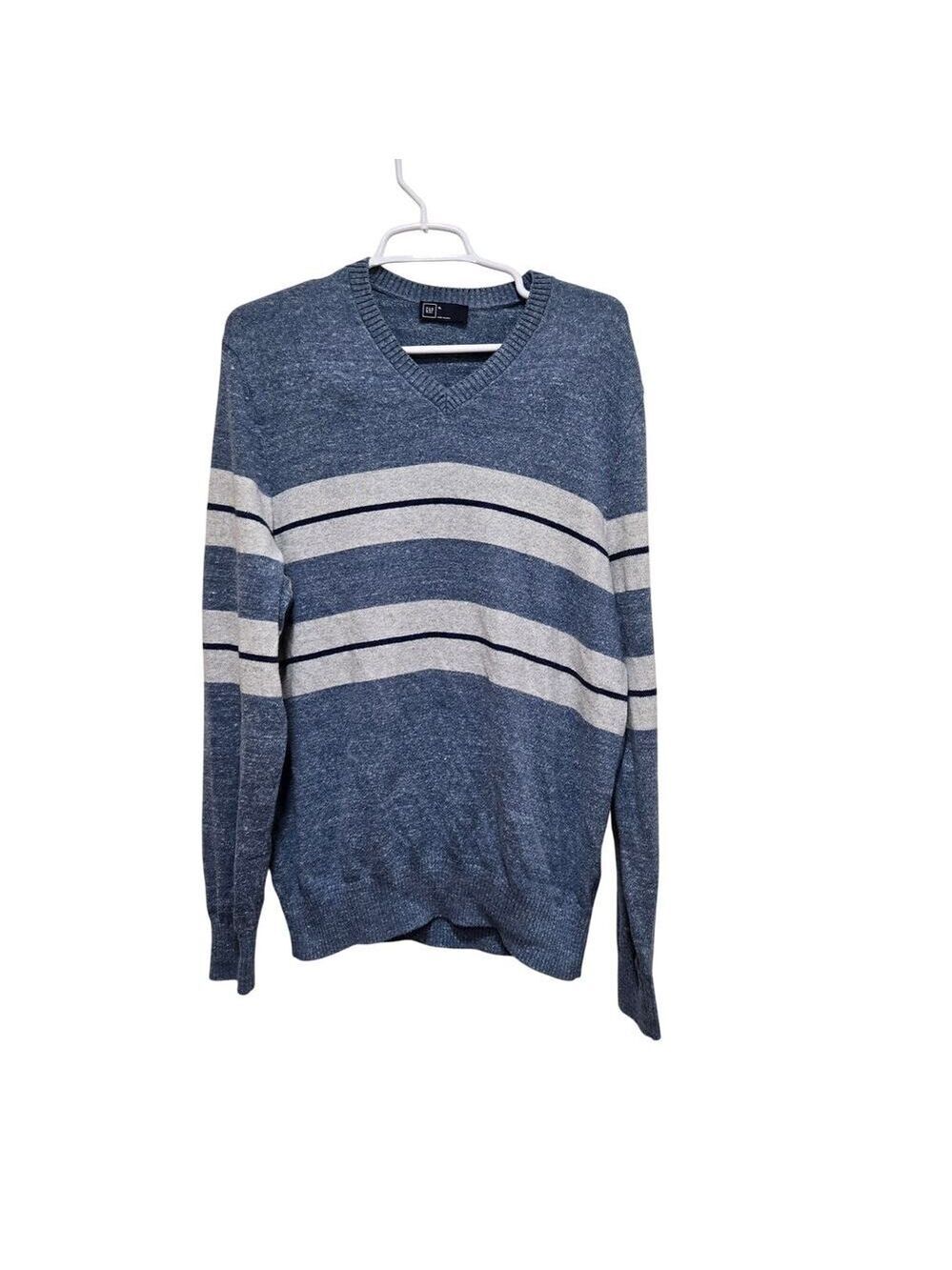 GAP Blue Gray Striped V Neck Sweater Mens XL Cotton Blend